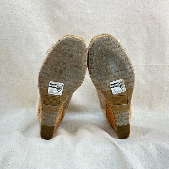 Toms Women's 6 Stella Cream Woven Peep Toe Sandals 3.5" Cork Wedge Heels - Picture 4 of 8